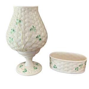 Belleek Ireland Shamrock Basketweave Votive Fairy Lamp and Oval Trinket Dish